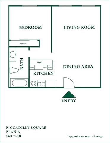 Floor plan for 1 bed, 1 bath, 563 sqft